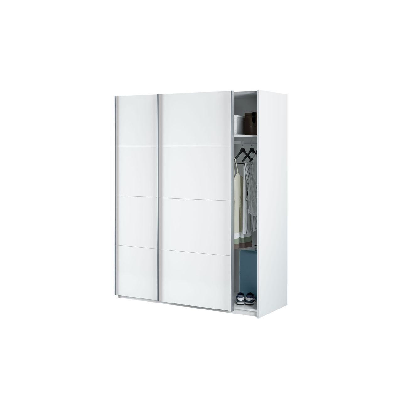Un armario blanco con puertas correderas, ropa y zapatos dentro.