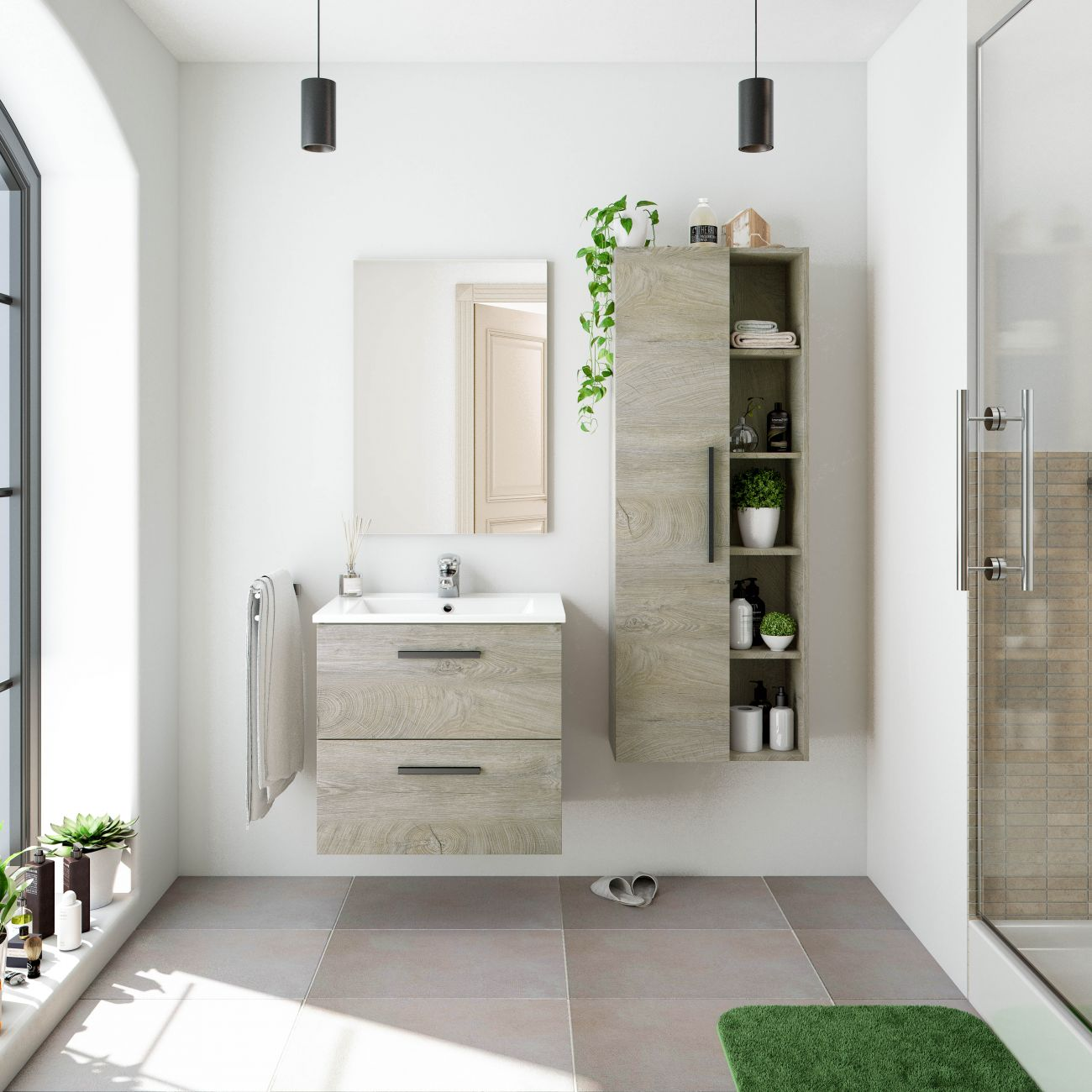 Un baño luminoso con tocador de madera, espejo, armario y ducha.