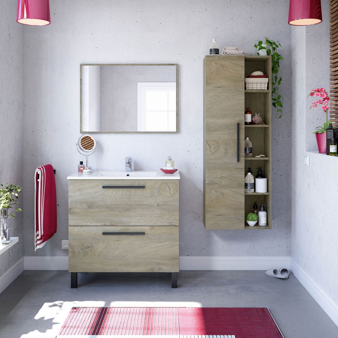 Un baño moderno con mueble de madera, lavabo, espejo y alfombra roja.