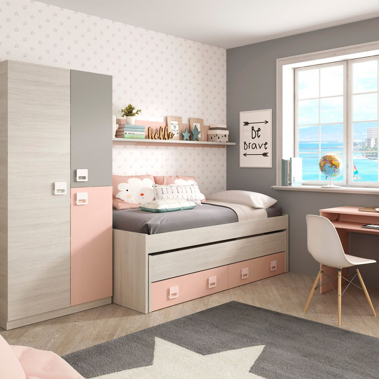 Dormitorio infantil con cama, armario, escritorio y ventana con vistas al mar.