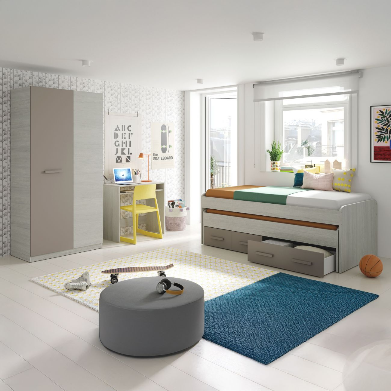 Un dormitorio infantil moderno con cama, escritorio, armario y alfombra.