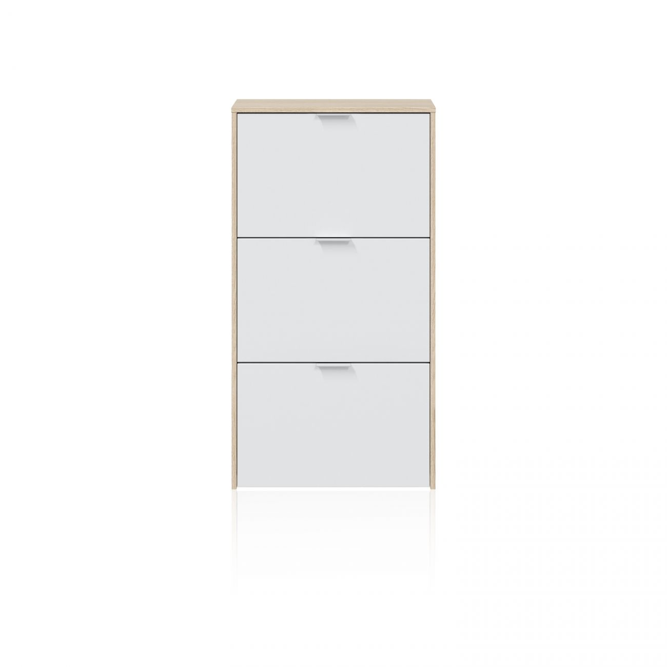 Un estrecho zapatero con tres puertas abatibles blancas y efecto madera.