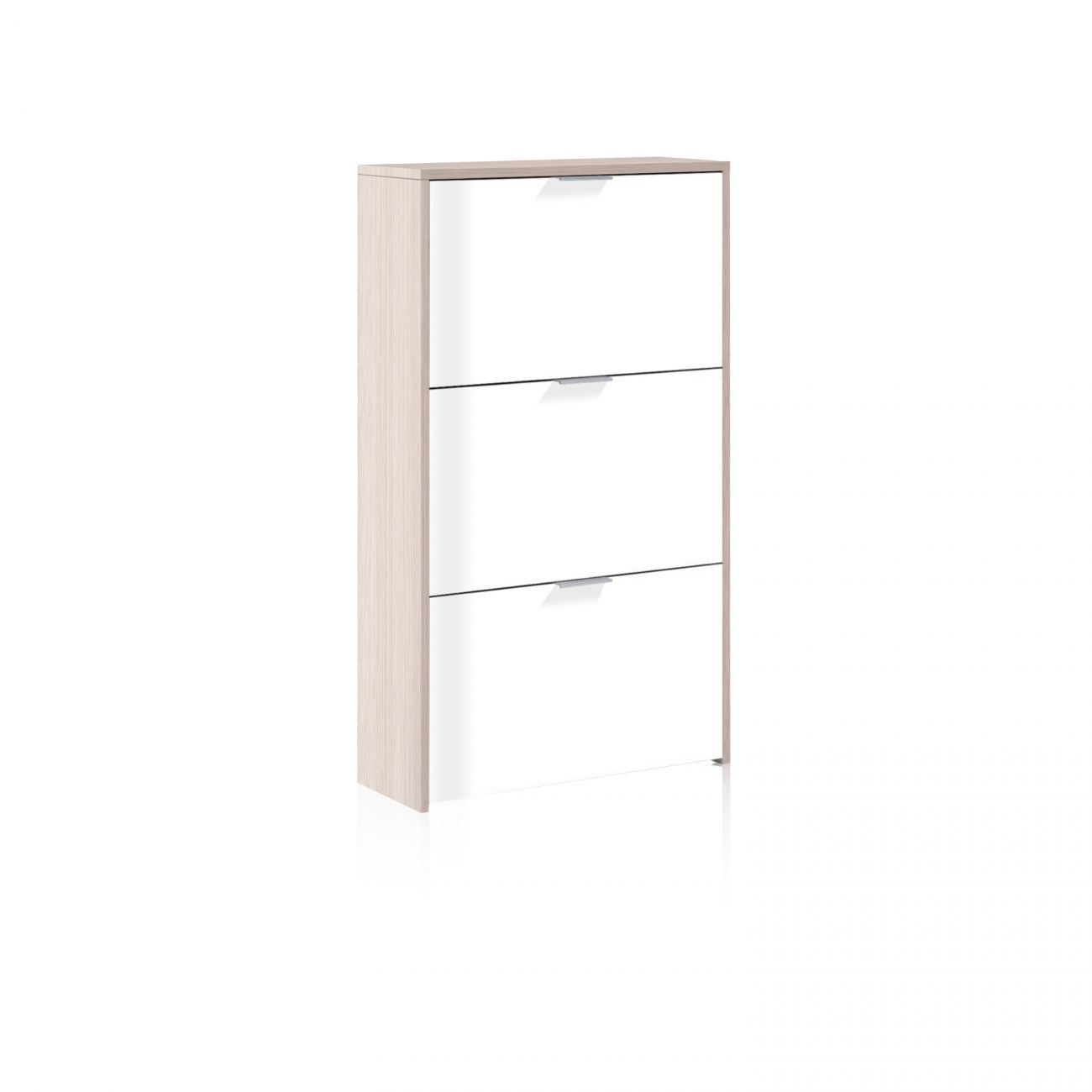 Un zapatero estrecho de tres niveles con puertas blancas y laterales de madera.