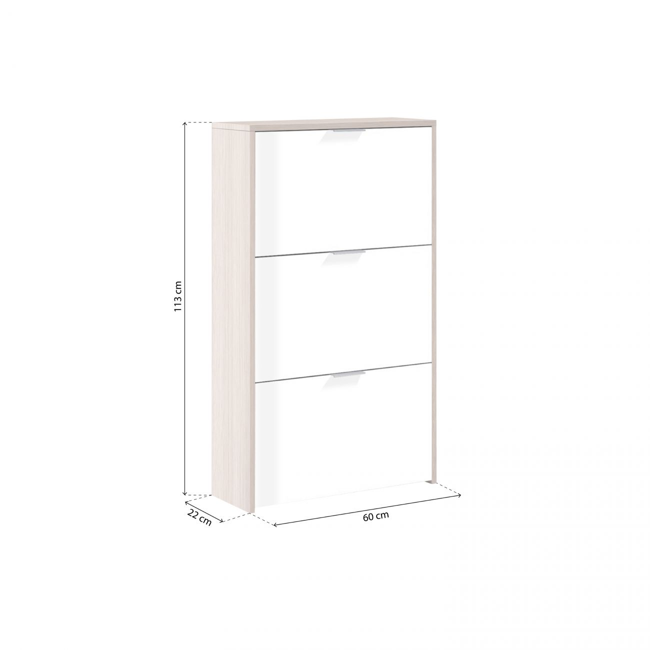 Un zapatero blanco con tres cajones y detalles de madera, 113x60x22cm.