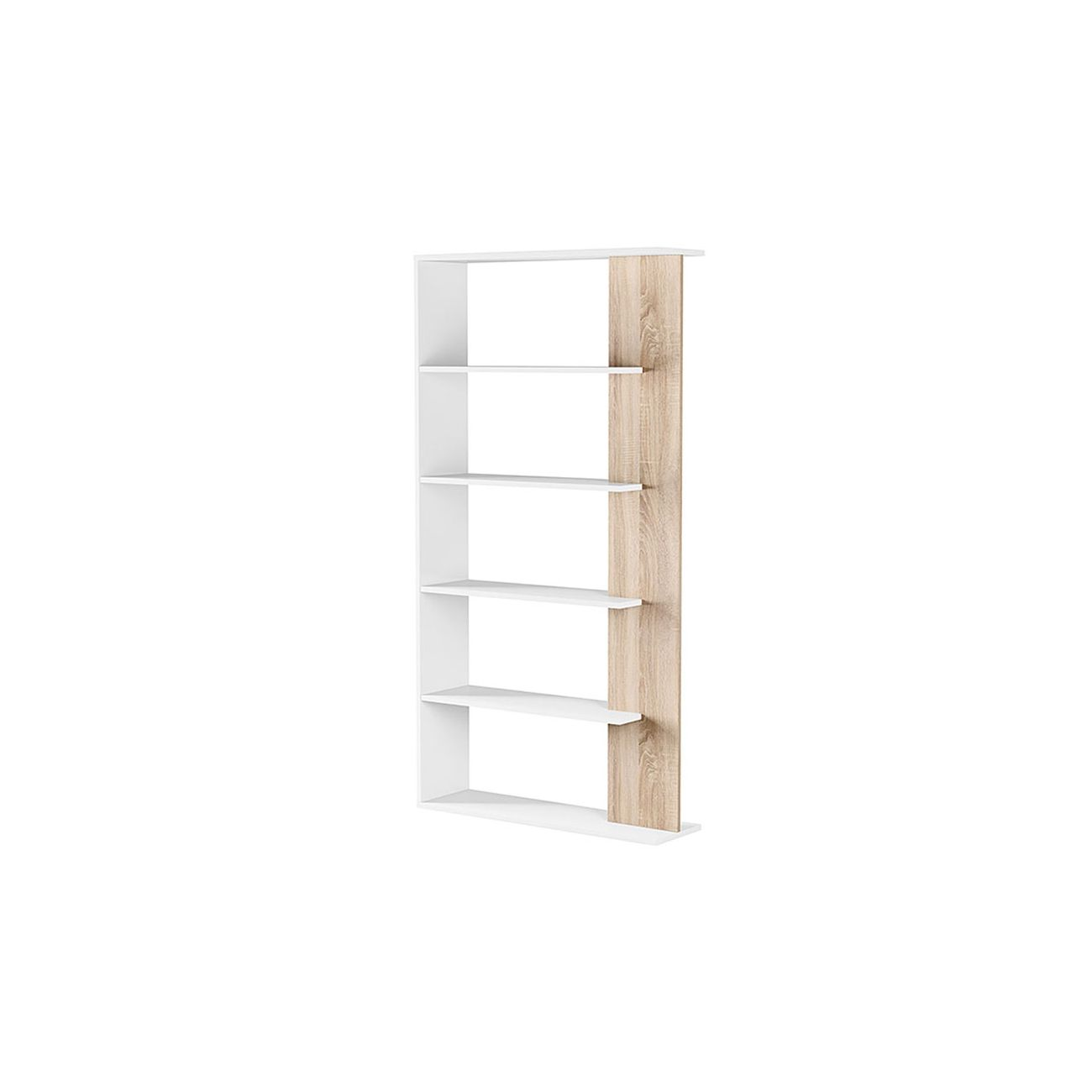Una estantería blanca con detalles de madera y cinco baldas.