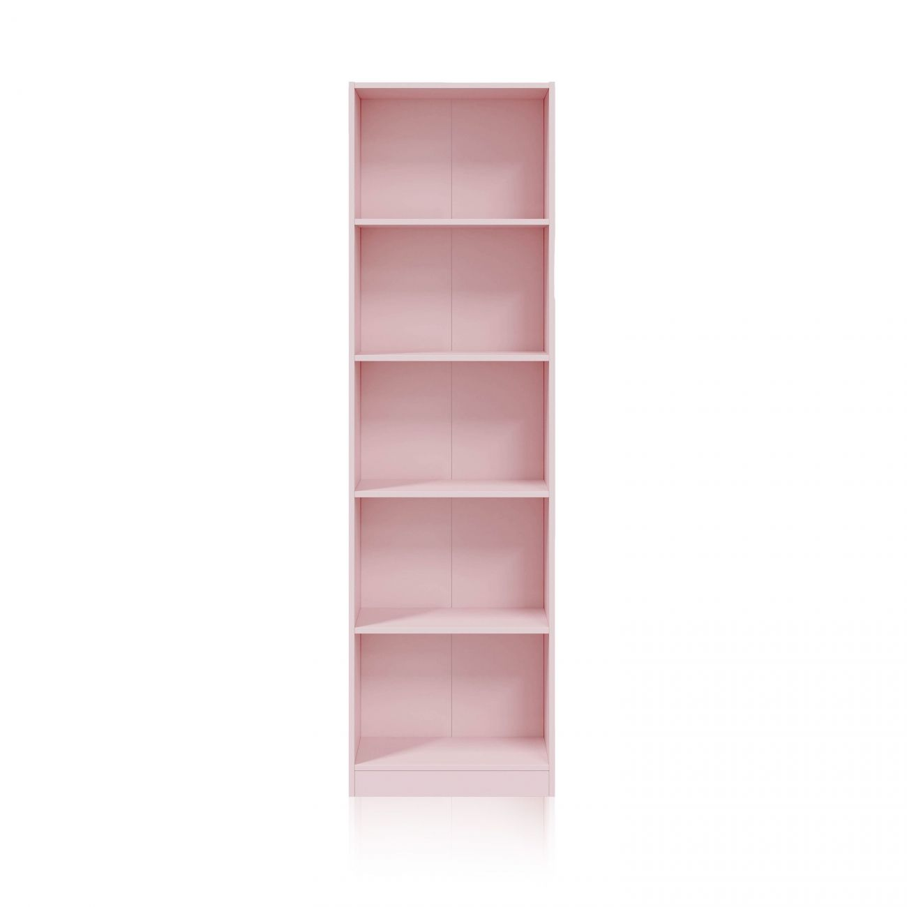 Una estantería alta y estrecha de color rosa con cinco estantes.