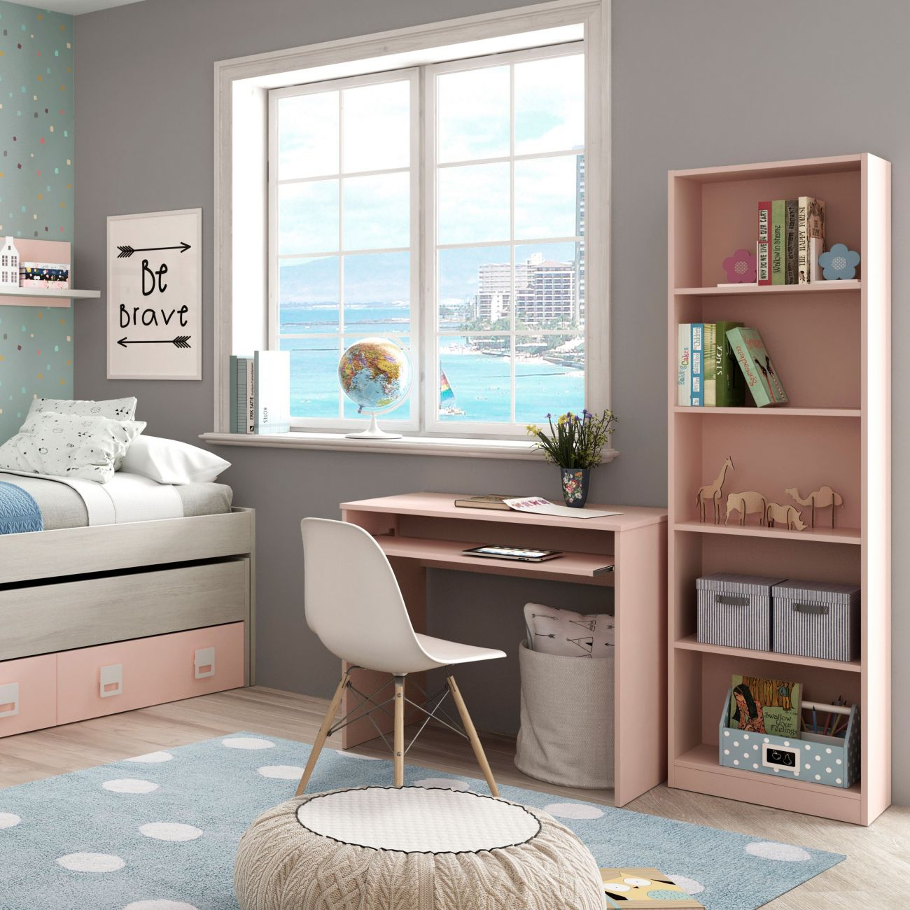 Habitación infantil con cama, escritorio, estantería y vista al mar.