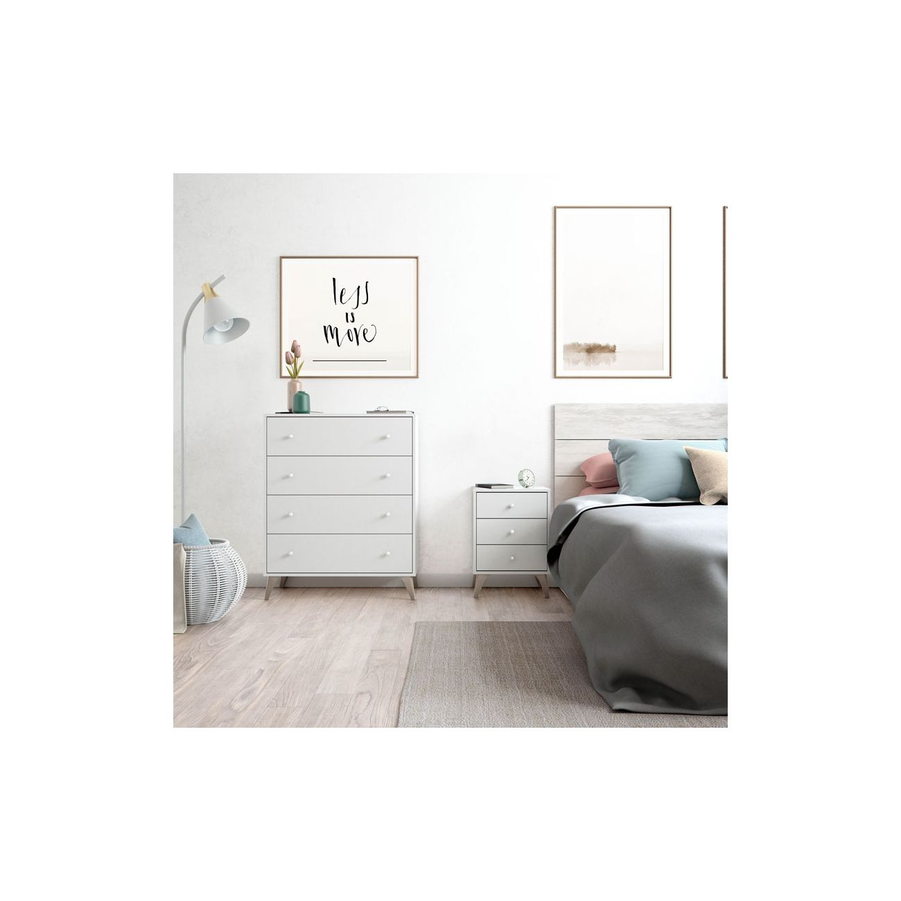 Un dormitorio con cómoda blanca, mesita de noche, cama y dos cuadros.