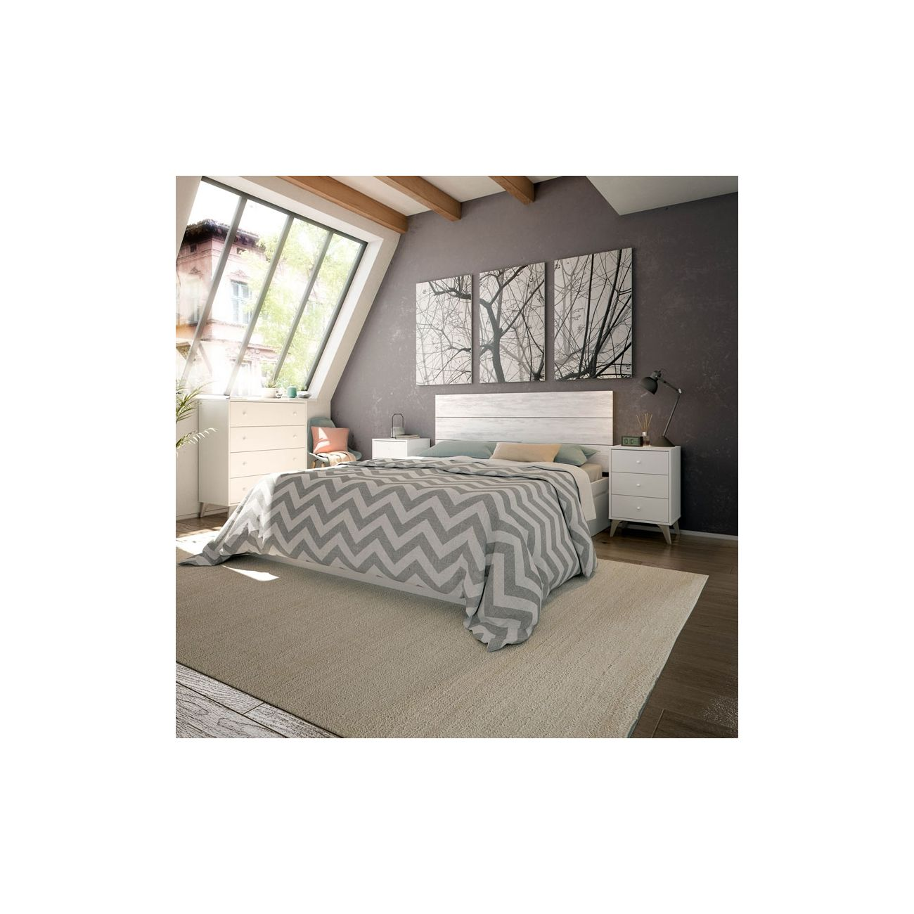 Dormitorio moderno con cama blanca, manta gris en zigzag y tres cuadros.