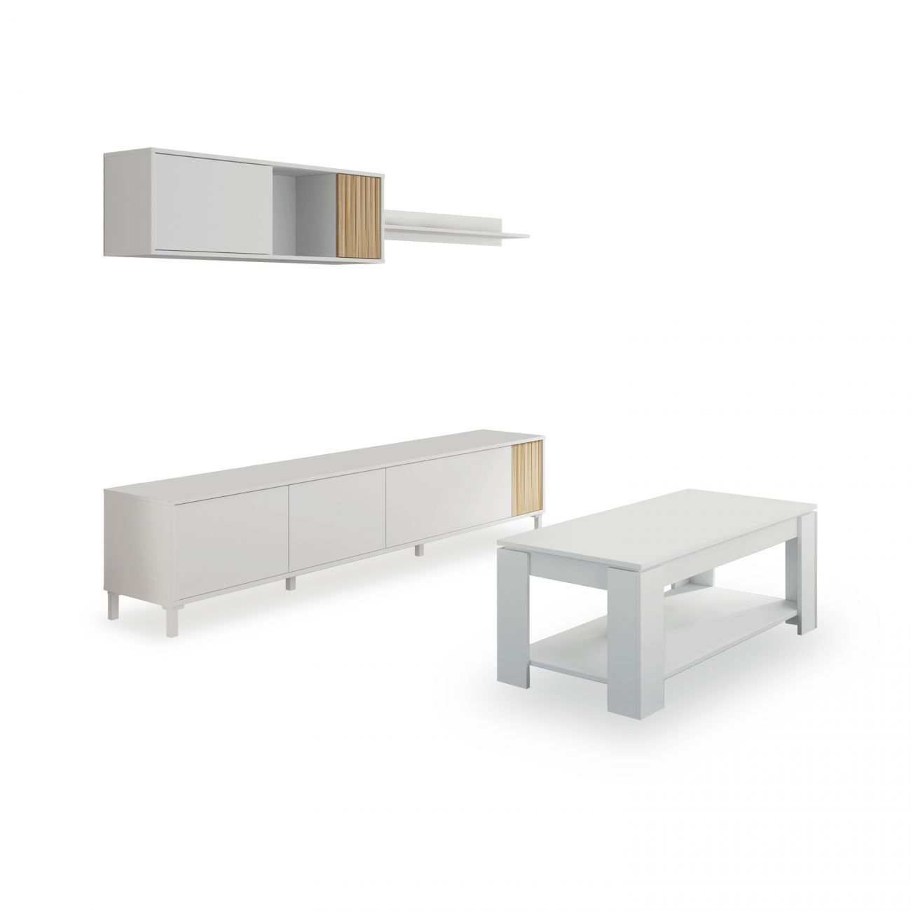 Muebles blancos: armario de pared, aparador y mesa de centro con detalles madera.
