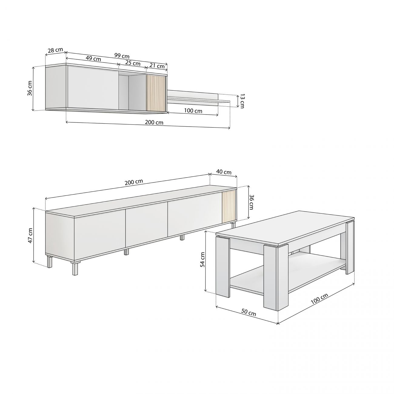 Dibujo lineal de mueble de TV blanco y mesa de centro con dimensiones.