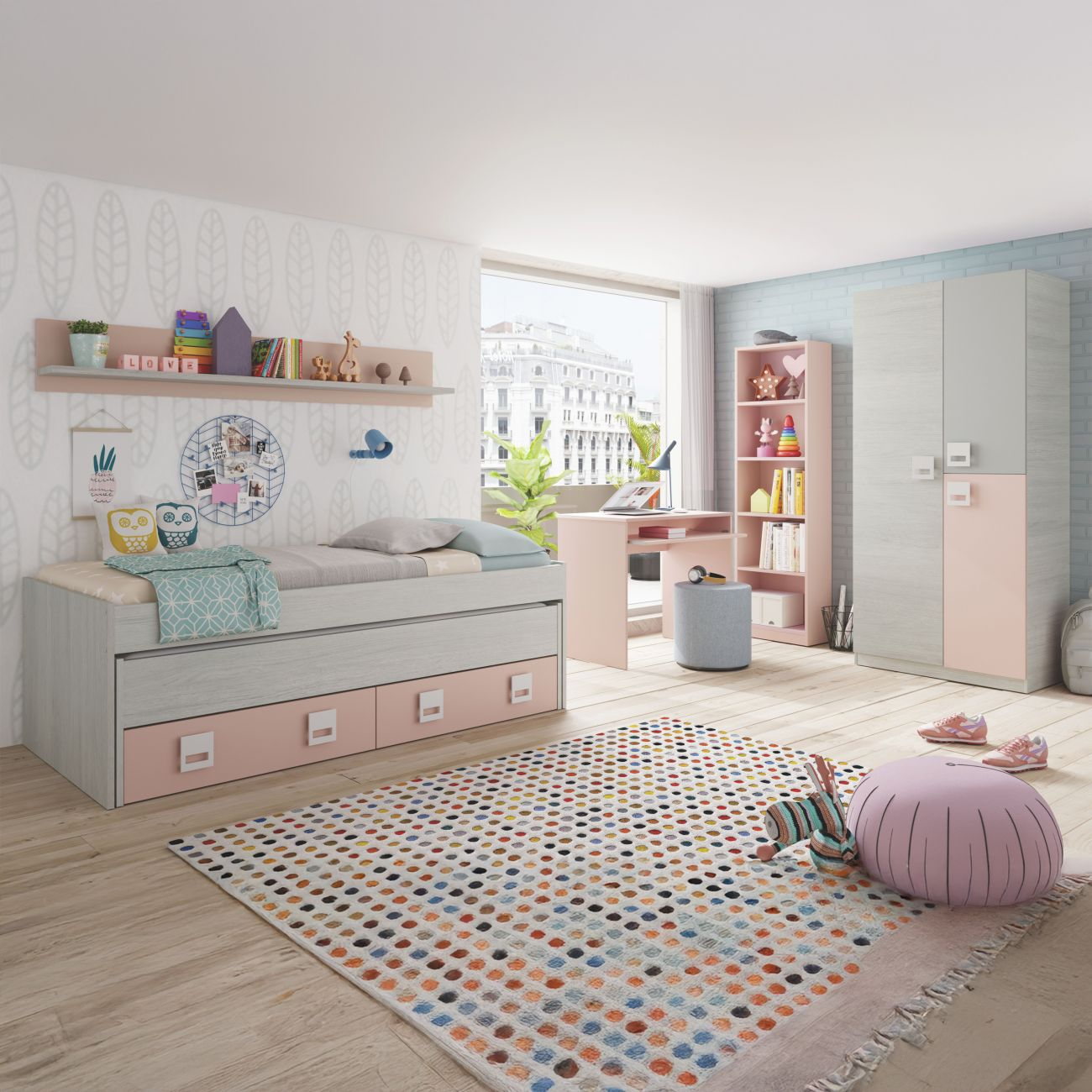 Dormitorio infantil con cama, escritorio, estante y armario. Luminoso y colorido.