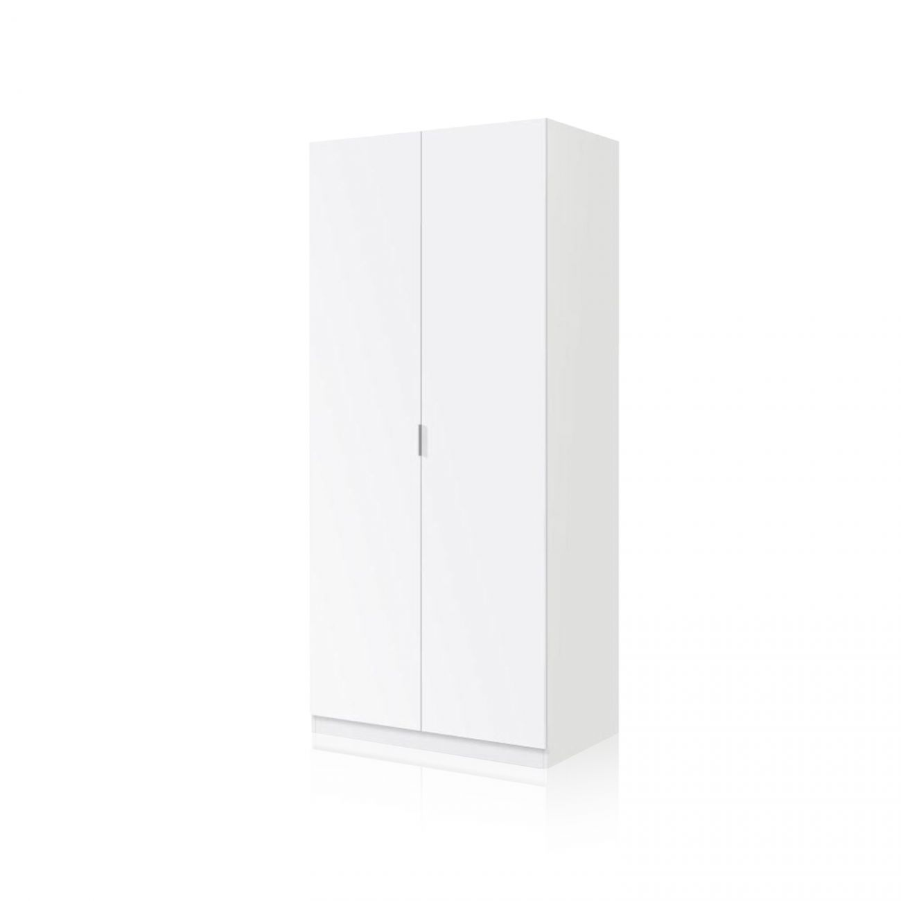 Un armario blanco de dos puertas con un tirador estrecho en el medio.