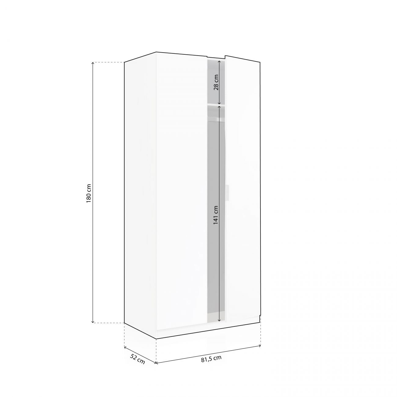 Armario blanco con dimensiones: Alto 180cm, Ancho 81,5cm, Fondo 52cm.