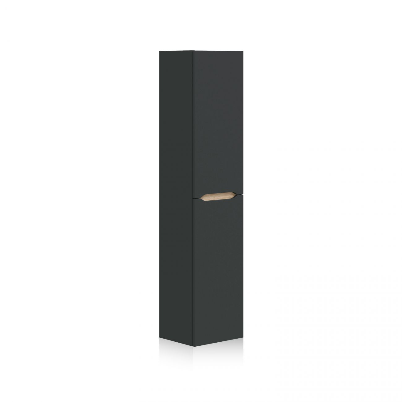 Un armario alto, estrecho y gris oscuro con una tira de mango de acento de madera.