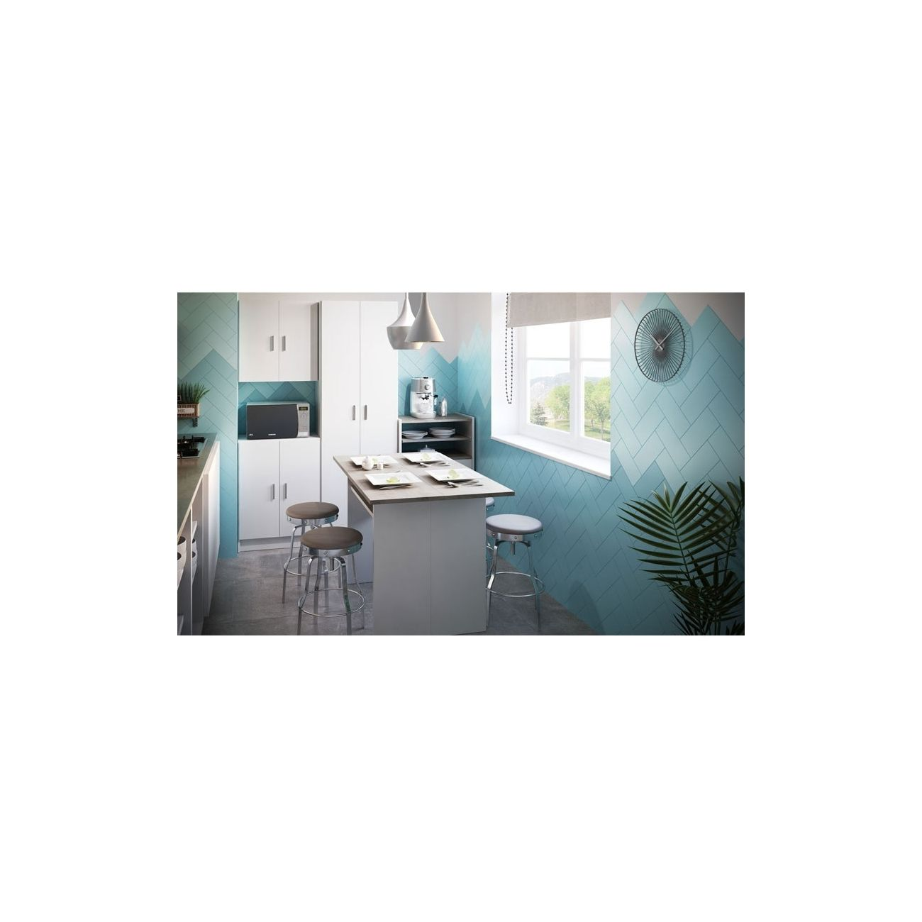 Cocina moderna con isla, taburetes y paredes alicatadas de azul.