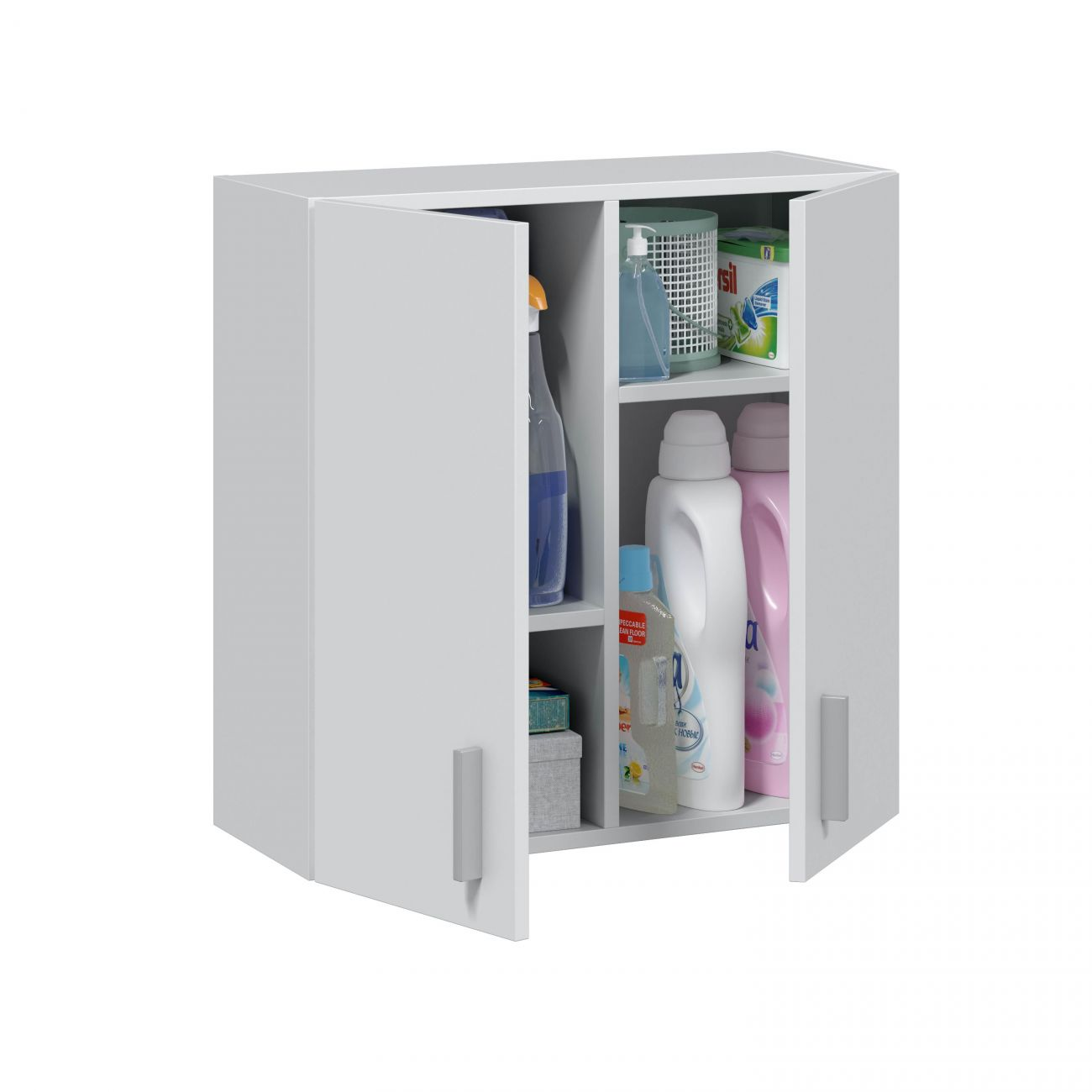 Un armario blanco con puertas abiertas, lleno de productos de limpieza y lavandería.