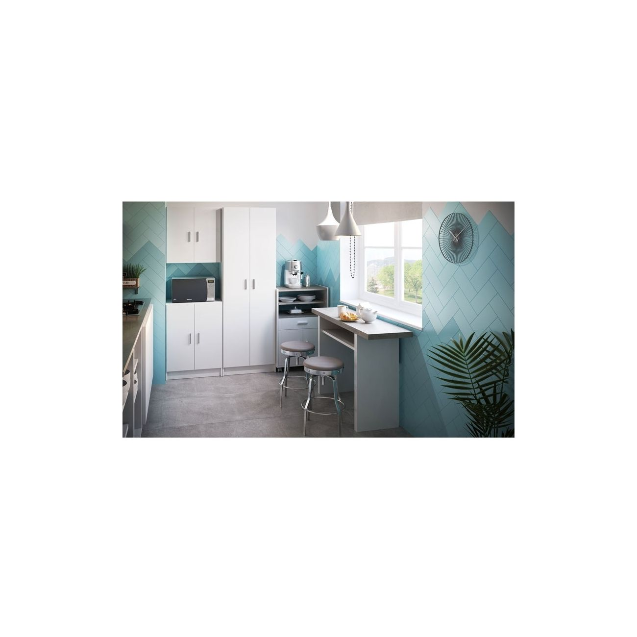 Cocina moderna con gabinetes blancos, microondas, barra de desayuno y taburetes.