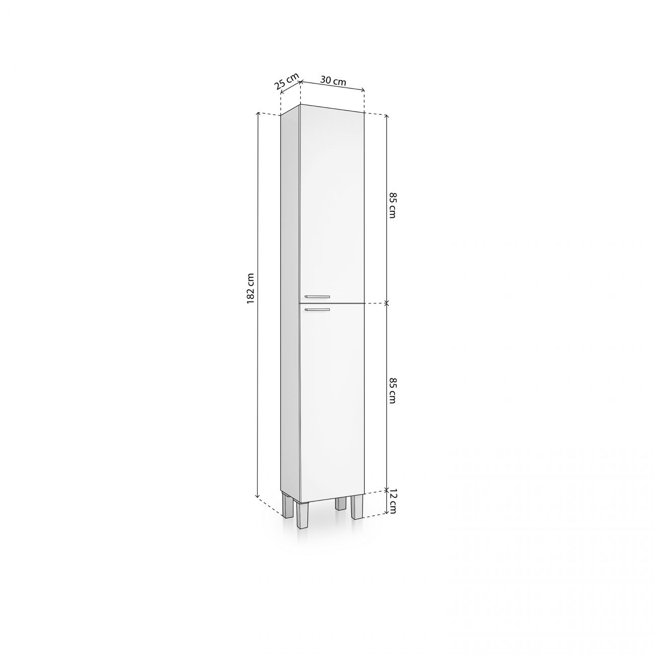 Un armario blanco alto y estrecho con dos puertas y cuatro patas. Se muestran las dimensiones.