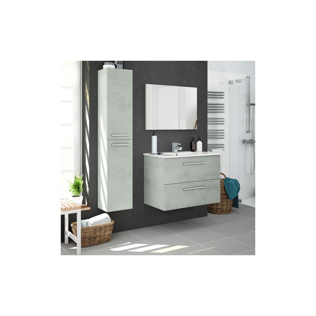 Baño moderno con muebles de aspecto de hormigón, lavabo, espejo y ducha.