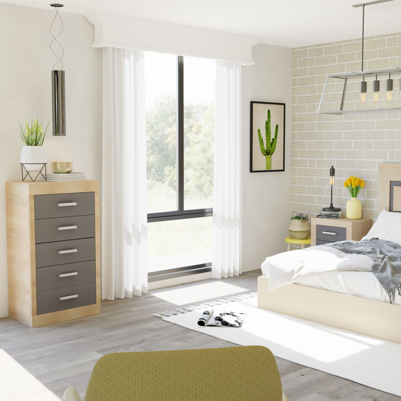 Un dormitorio con cama, cómoda y ventana con vista a la vegetación.