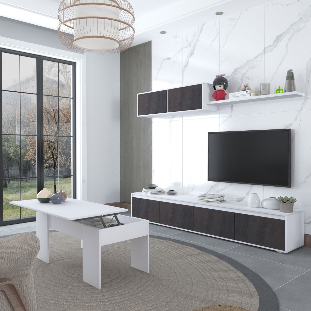Una sala de estar moderna con mesa blanca, TV y pared de mármol.