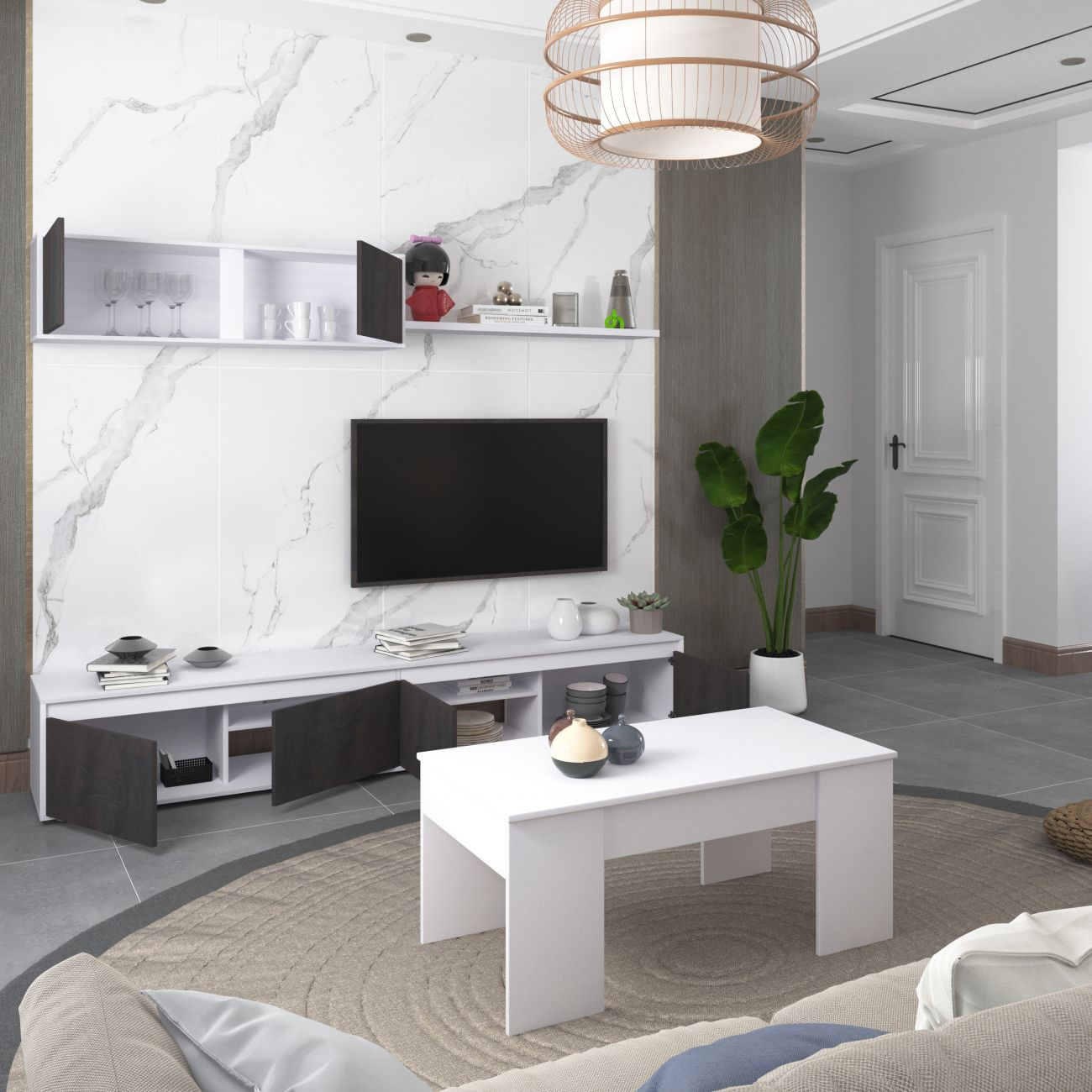 Una sala de estar moderna con sofá blanco, mesa de centro y mueble de TV.