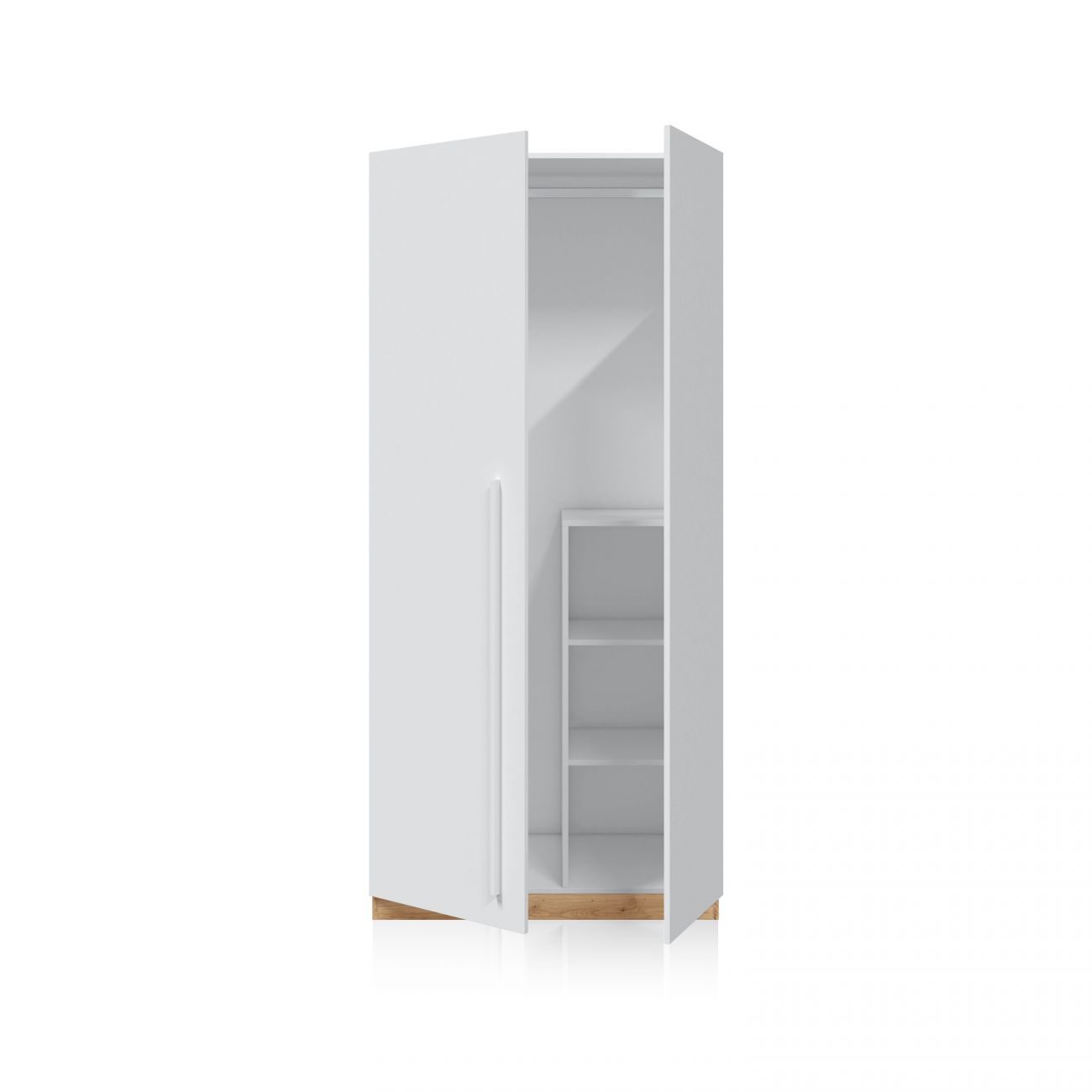 Un armario blanco con una puerta abierta, mostrando estantes y base de madera.