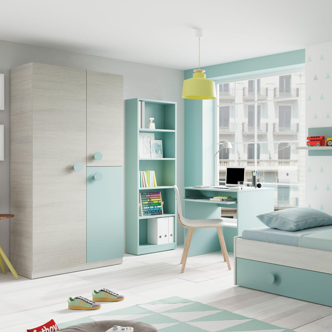 Una habitación infantil luminosa con escritorio, cama, armario y estantería.