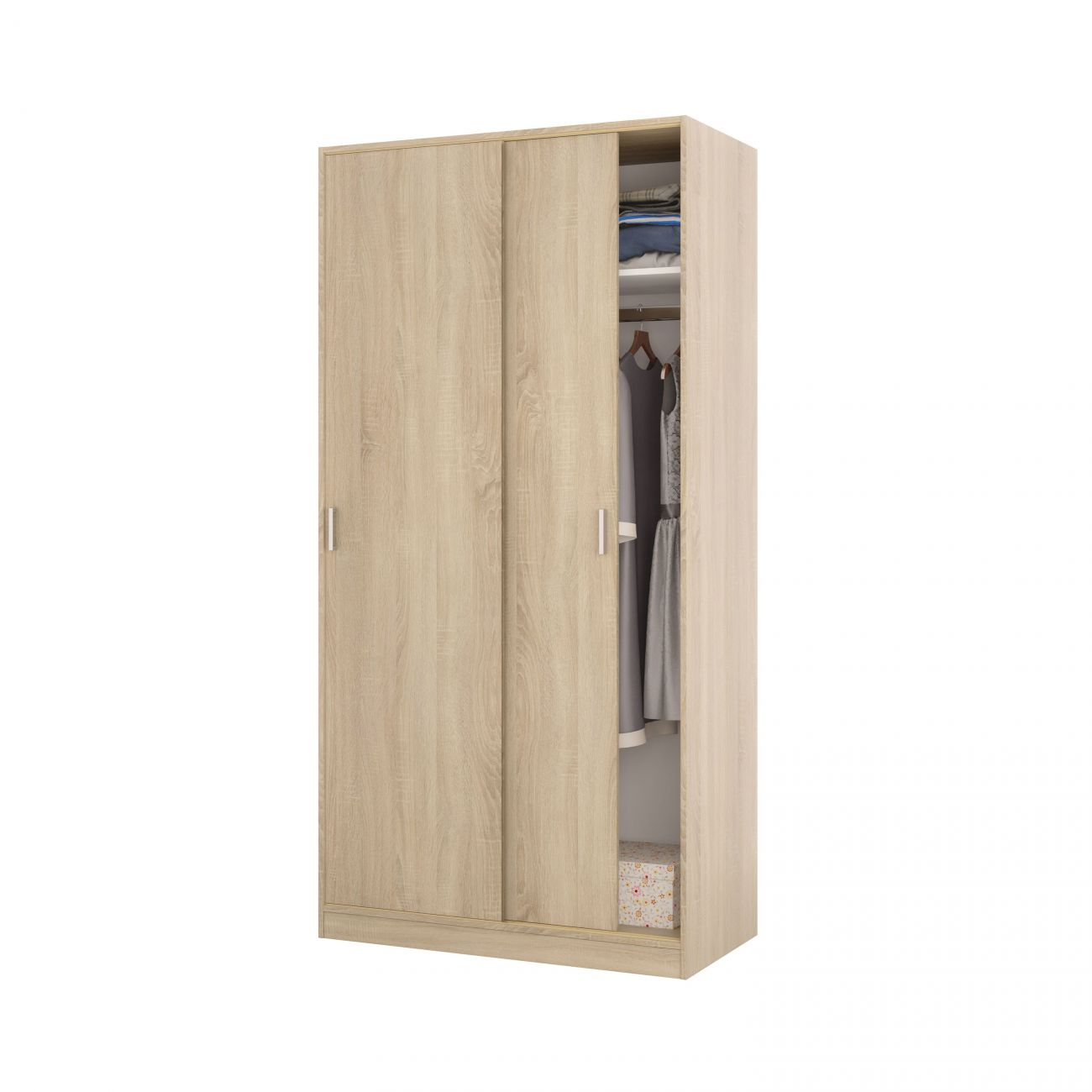 Un armario de madera clara con dos puertas correderas, ropa y caja dentro.