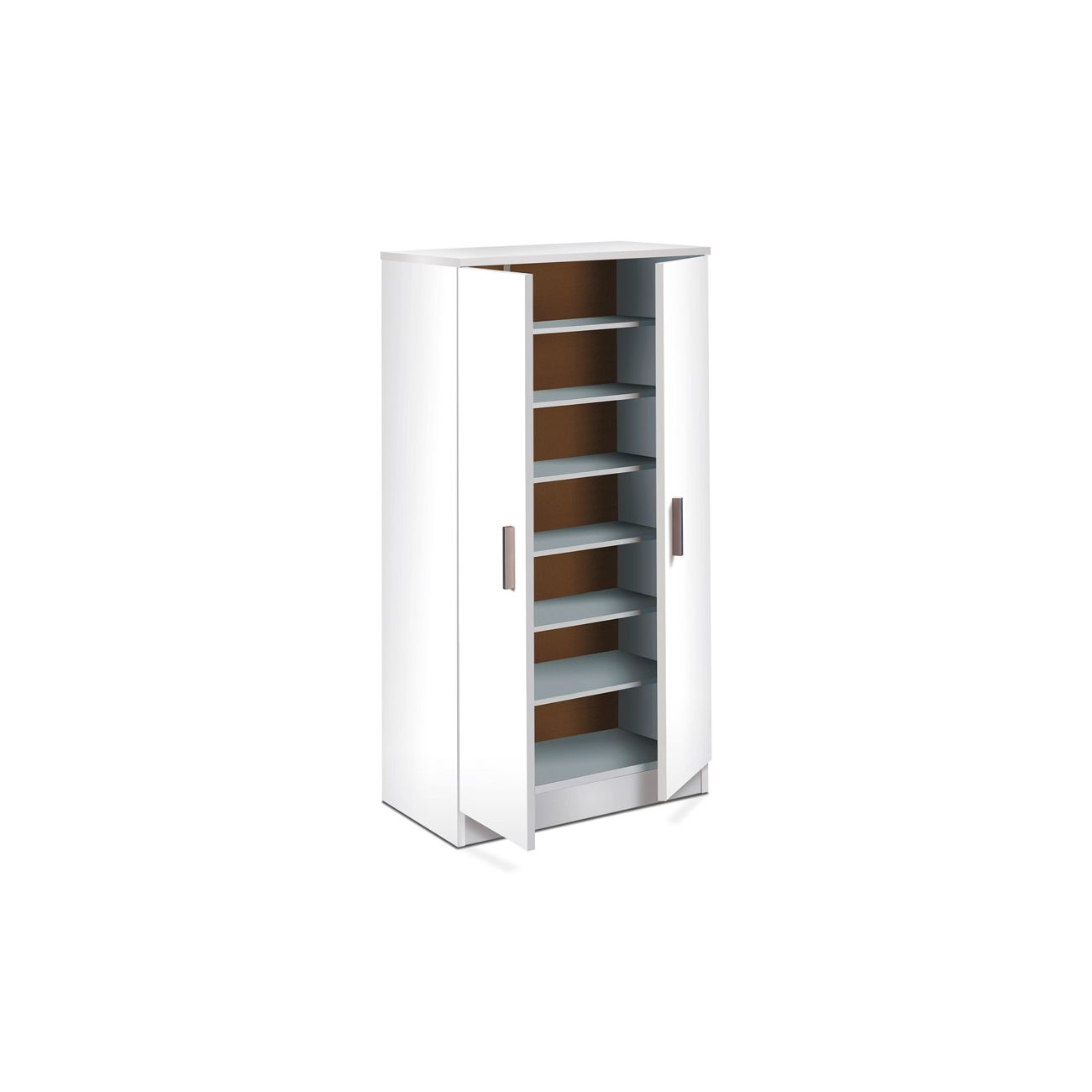 Un armario blanco alto con puertas abiertas que muestran varios estantes.