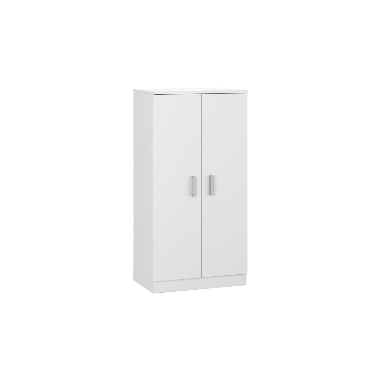 Un armario blanco con dos puertas y tiradores plateados se alza sobre fondo blanco.