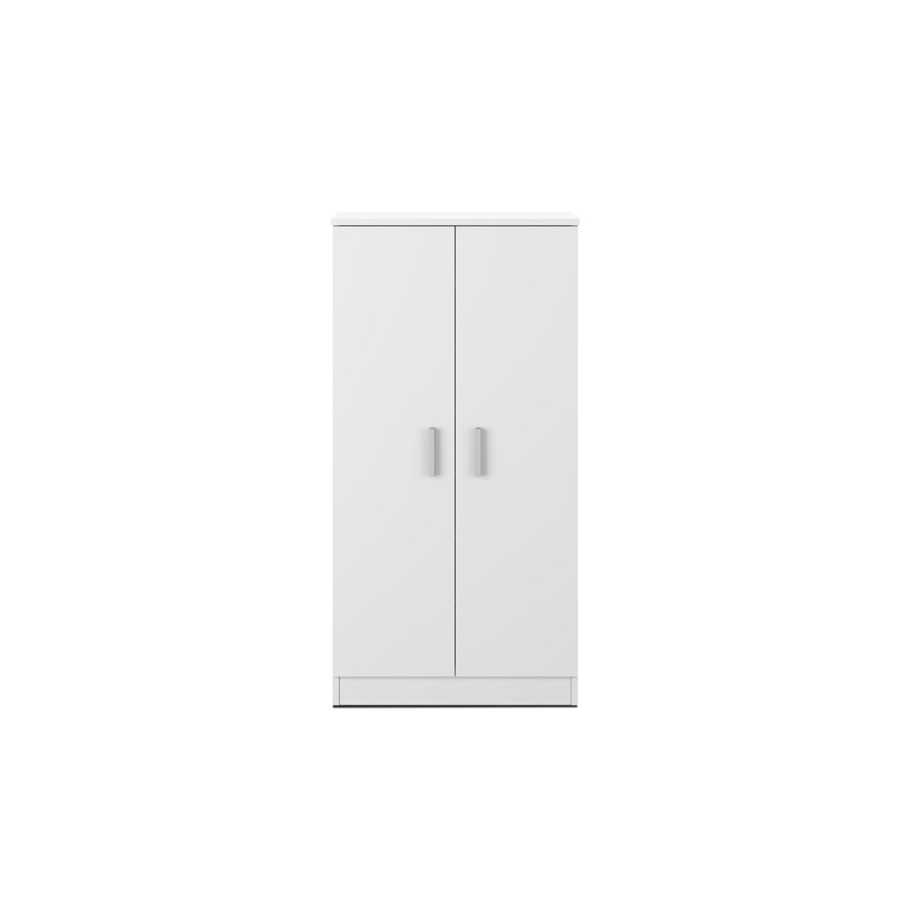 Un armario blanco de dos puertas con dos tiradores plateados sobre fondo blanco.