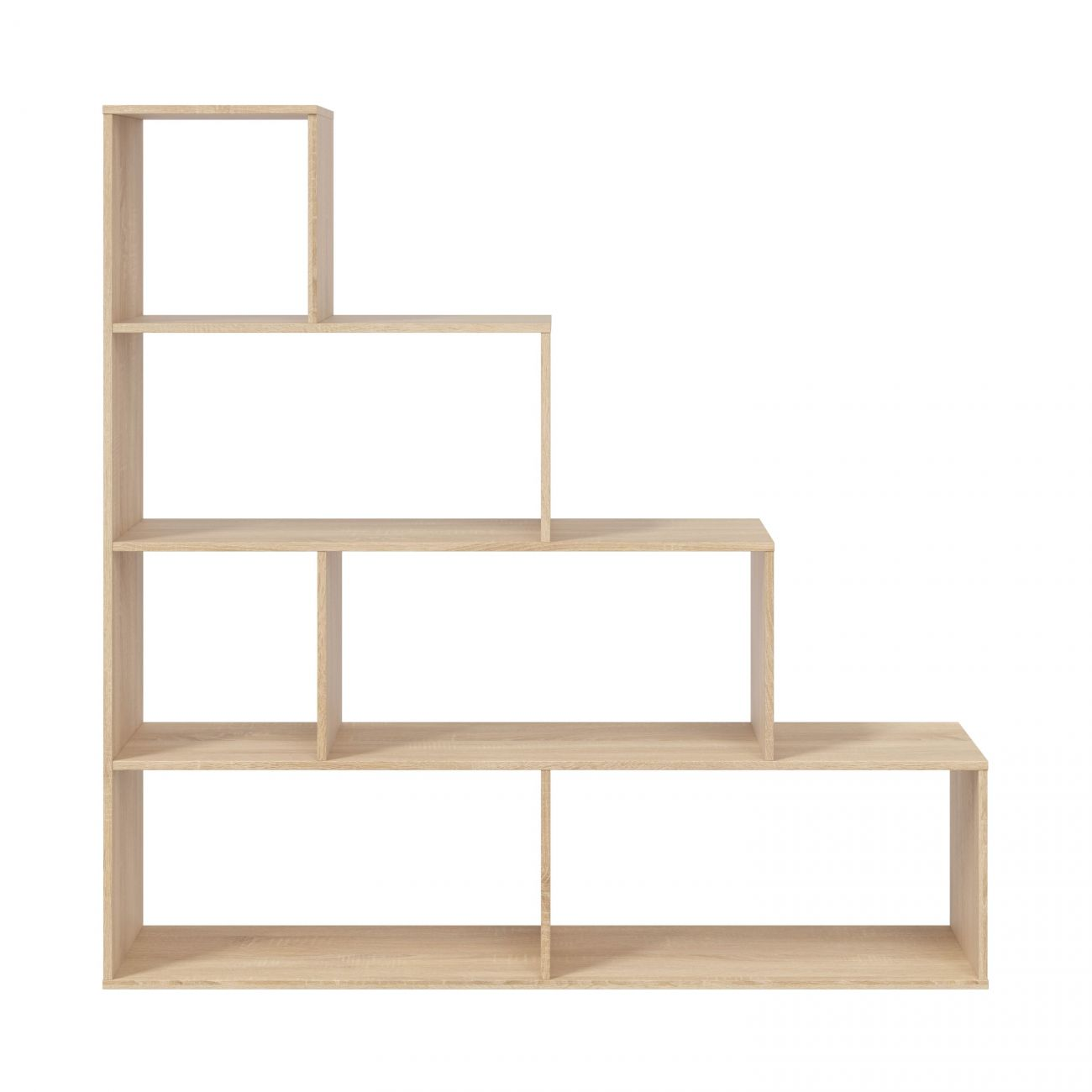 Una estantería marrón claro, en forma de escalón, con varios compartimentos abiertos.