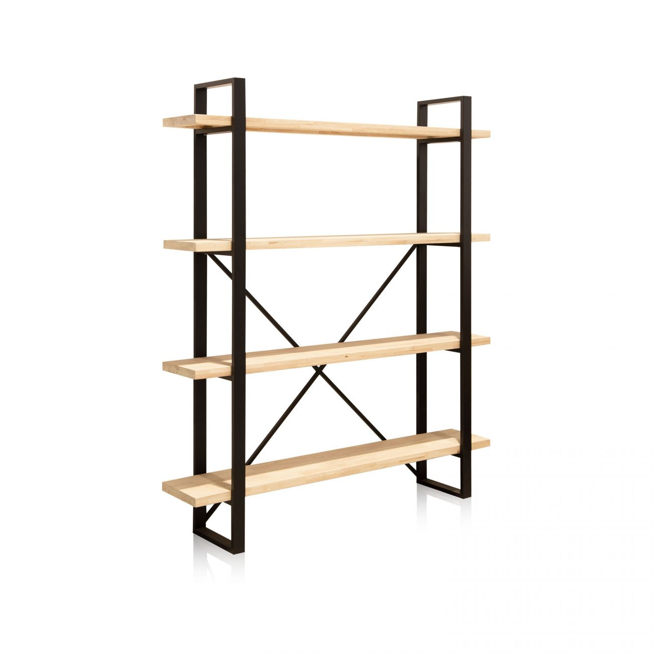 Estantería industrial de cuatro baldas con marco de metal negro y tablones de madera clara.