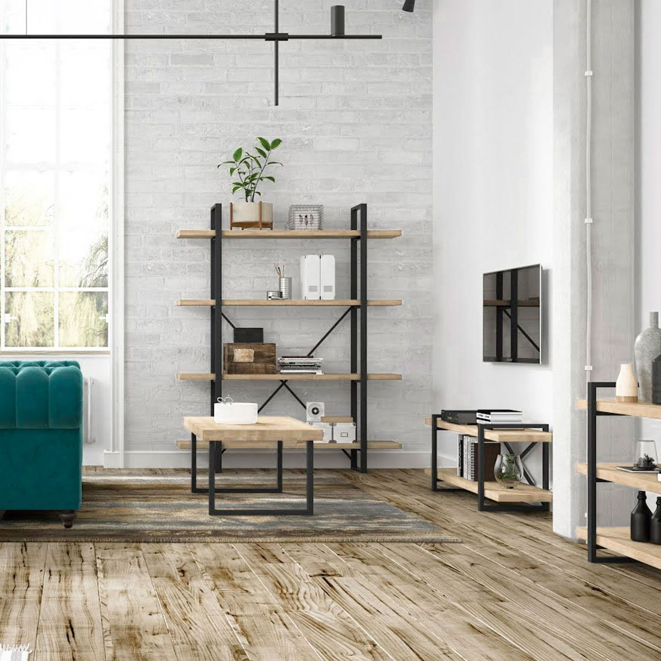 Sala moderna con sofá verde azulado, estanterías de madera y pared de ladrillo blanco.
