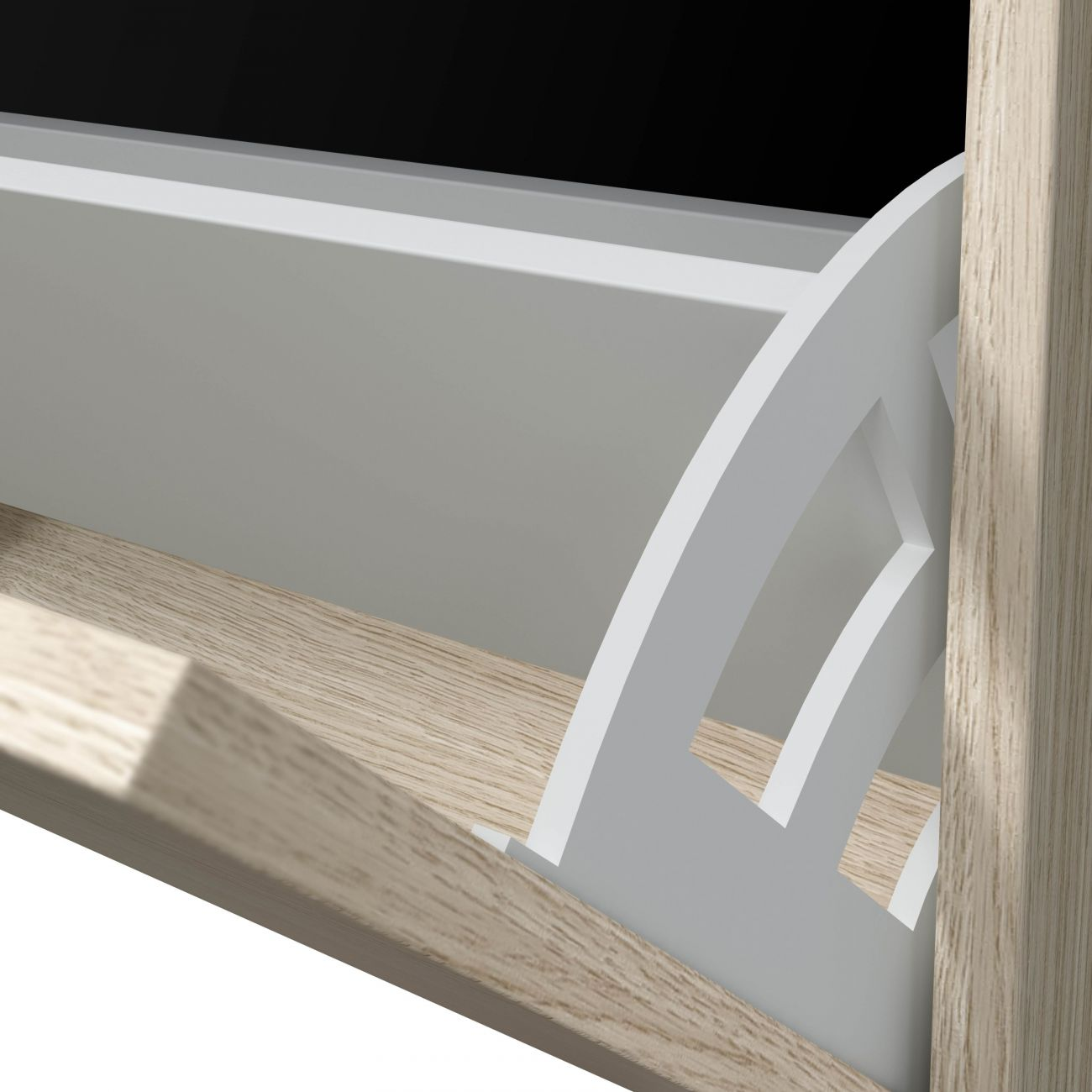 Primer plano de mueble de madera clara con detalles geométricos blancos.