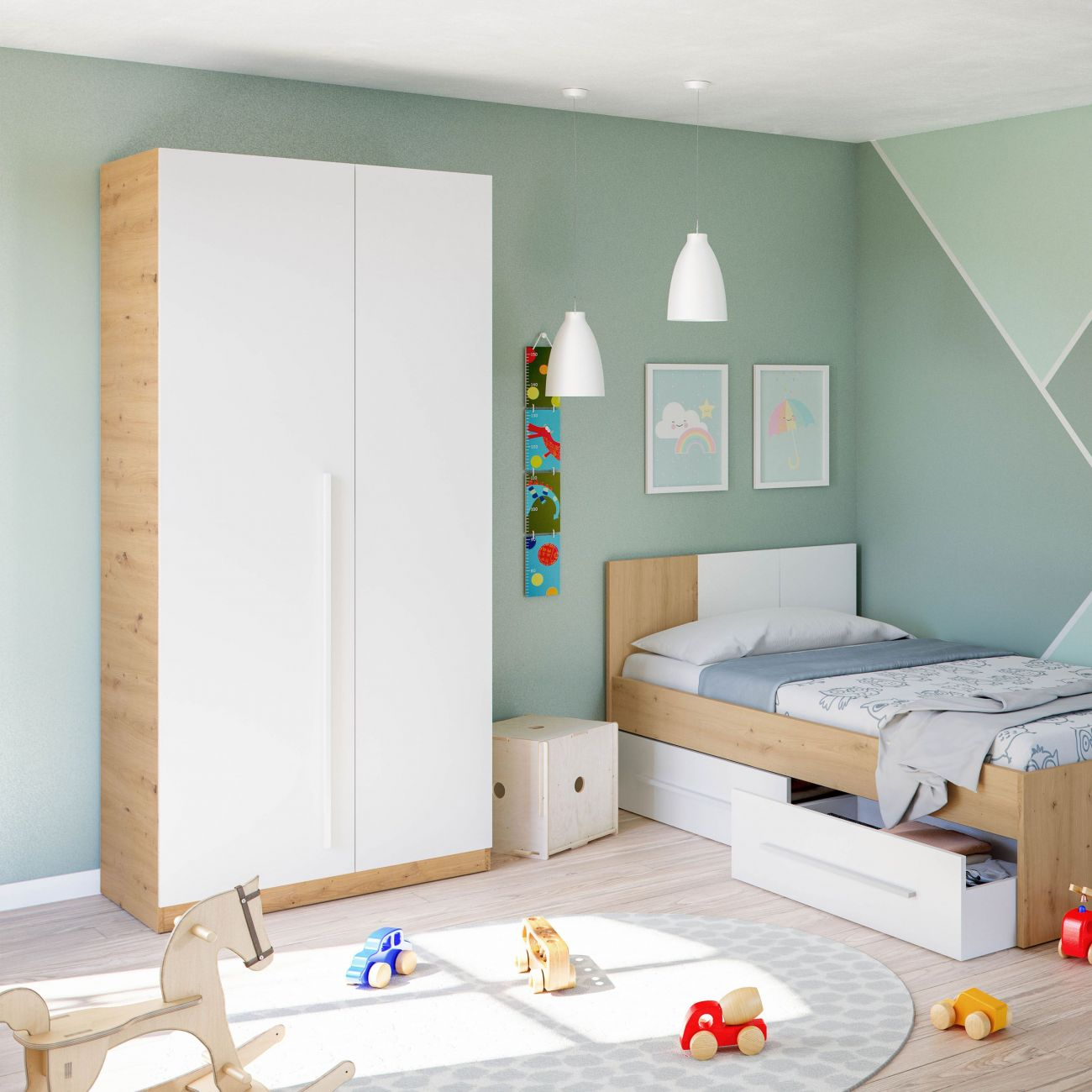 Habitación infantil con cama, armario, caballito de madera y coches de juguete.