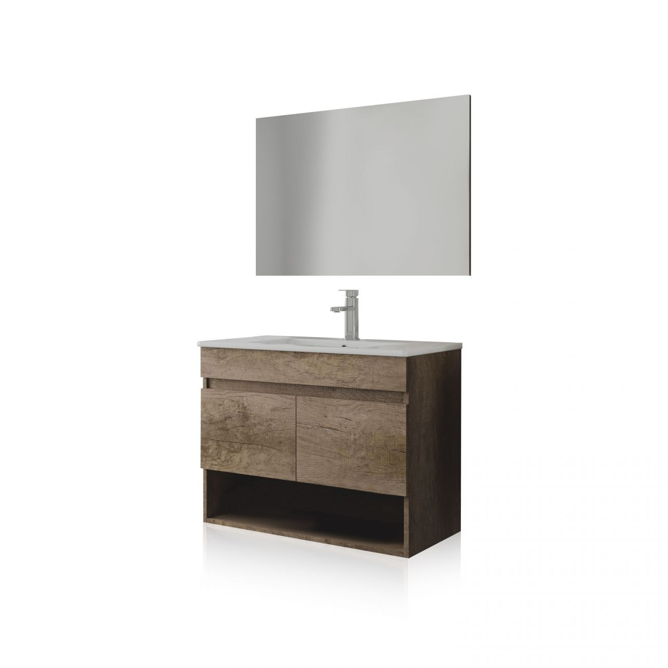 Un mueble de baño de madera con dos cajones, un estante abierto, lavabo y grifo.