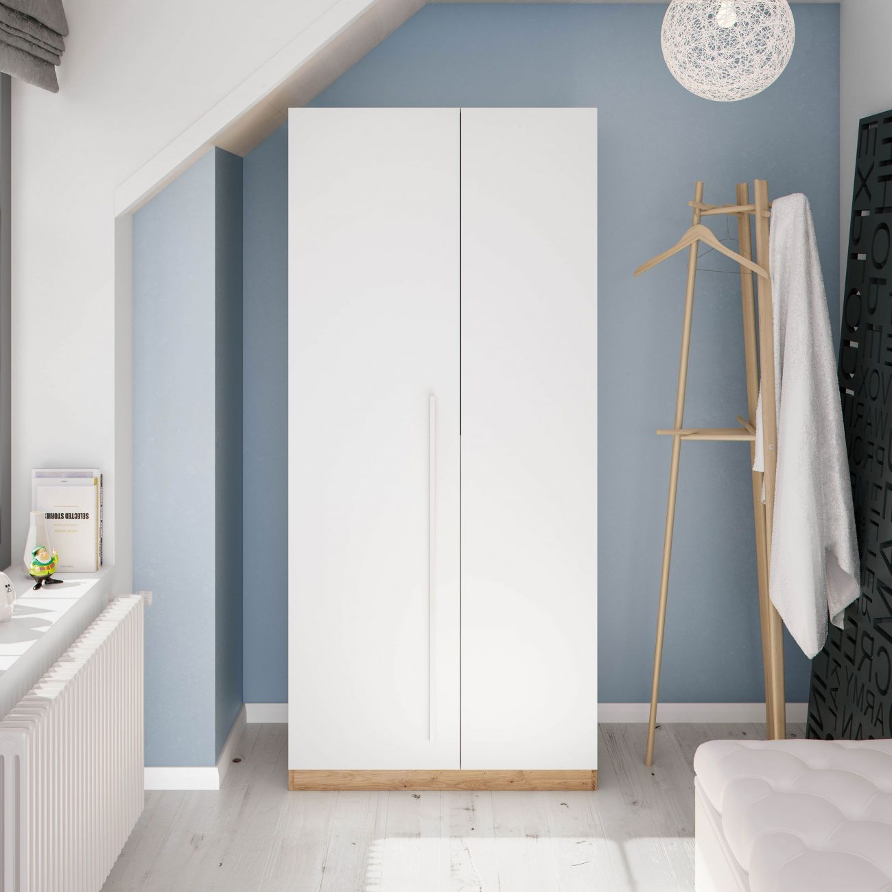 Un armario blanco con base de madera está en una habitación azul.
