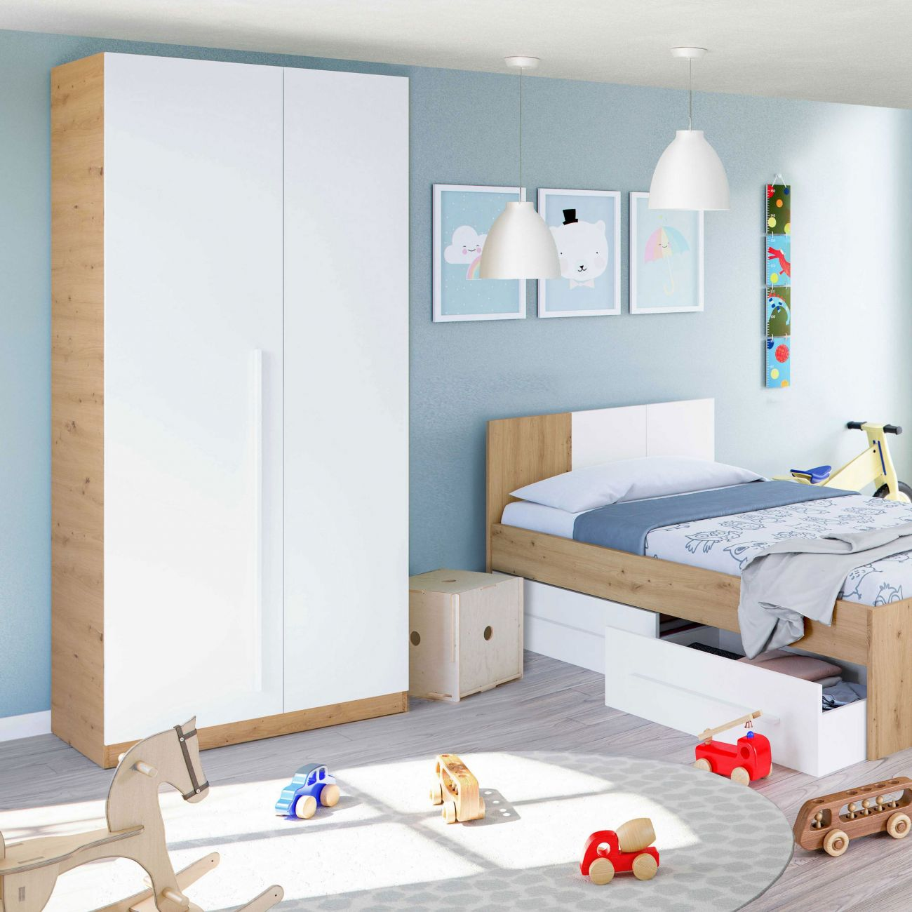 Habitación infantil con cama, armario, juguetes y decoración en la pared.