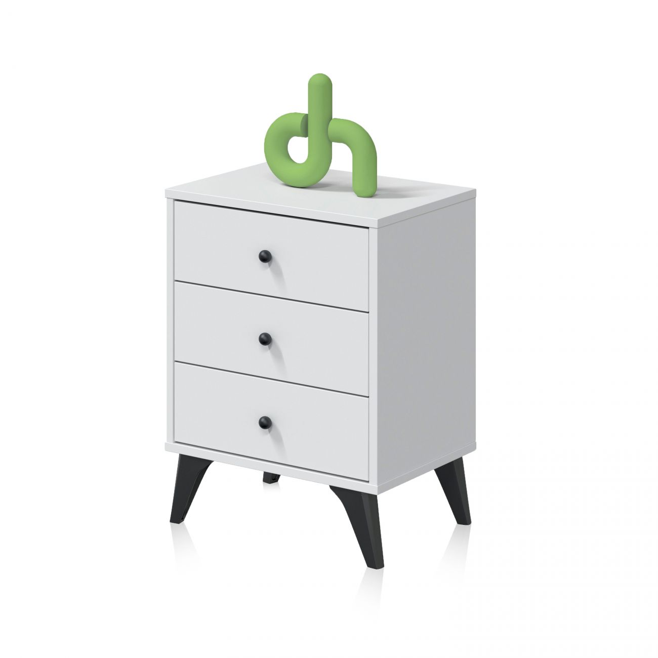 Una mesita de noche blanca con tres cajones y un objeto decorativo verde.