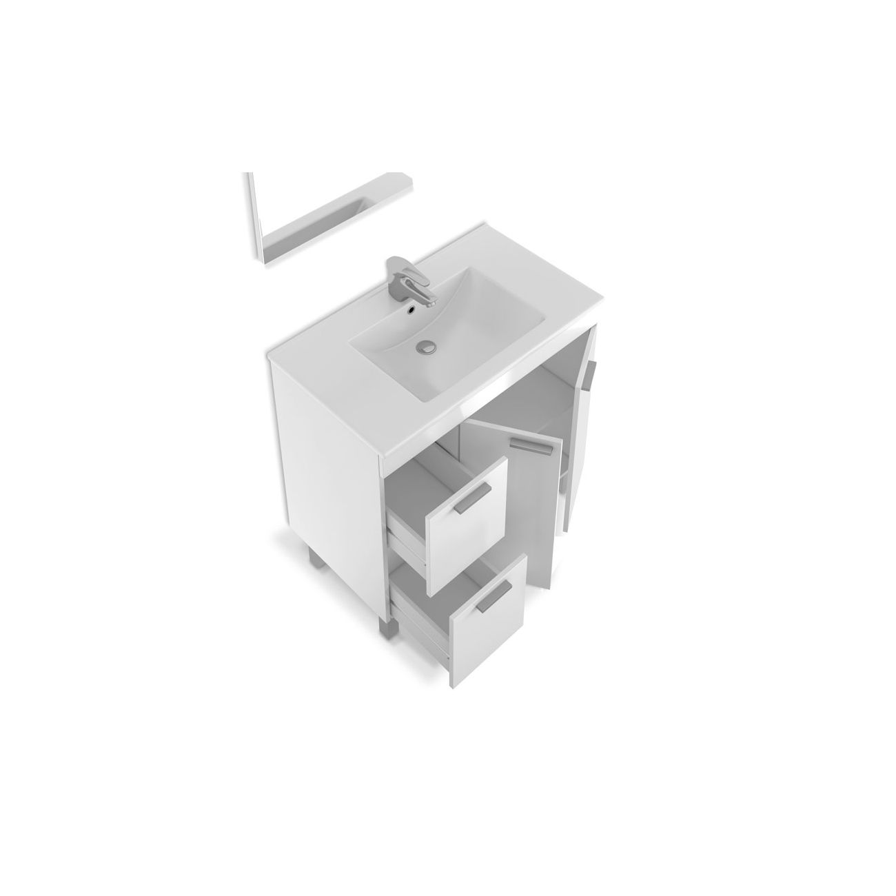Mueble de baño blanco con dos cajones y una puerta, abierto.