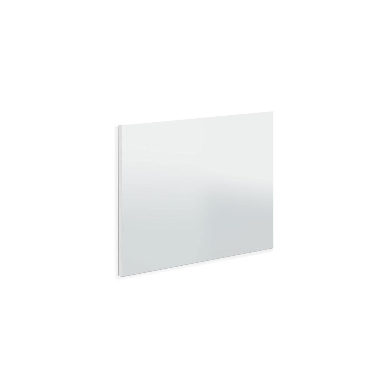 Un espejo blanco rectangular con un marco plateado delgado sobre fondo blanco.