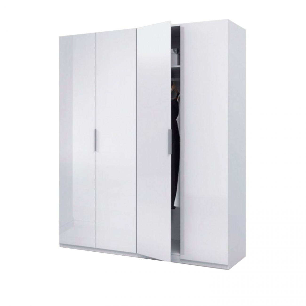 Un armario blanco de cuatro puertas, una ligeramente abierta.