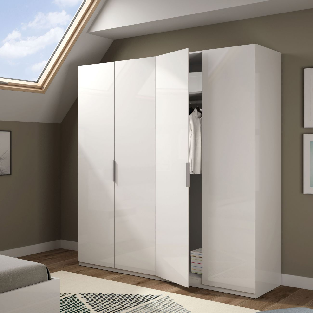 Un armario blanco brillante de cuatro puertas, una abierta, con ropa y libros dentro.