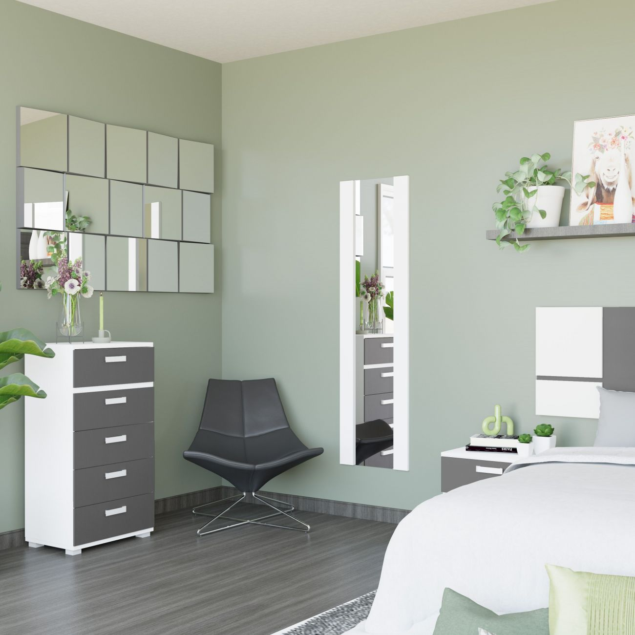 Un dormitorio con cama, cómoda, silla y espejos en la pared.