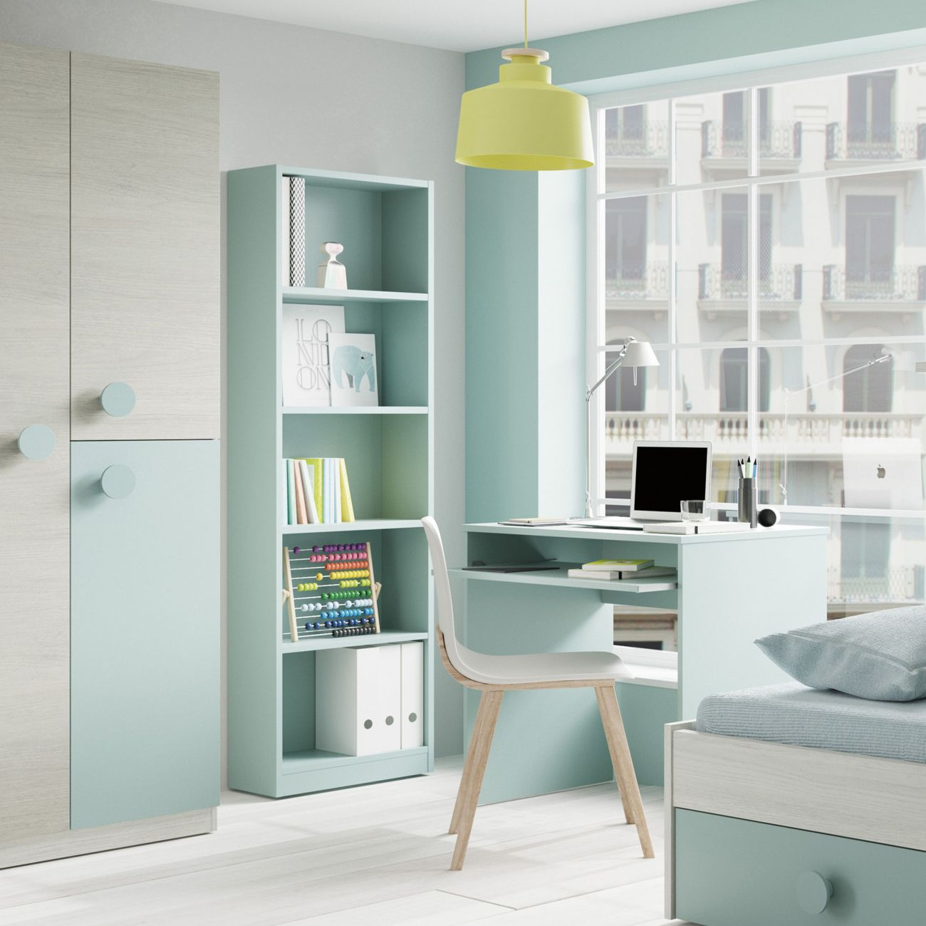 Habitación infantil con escritorio, silla, estantería y cama en tonos pastel.