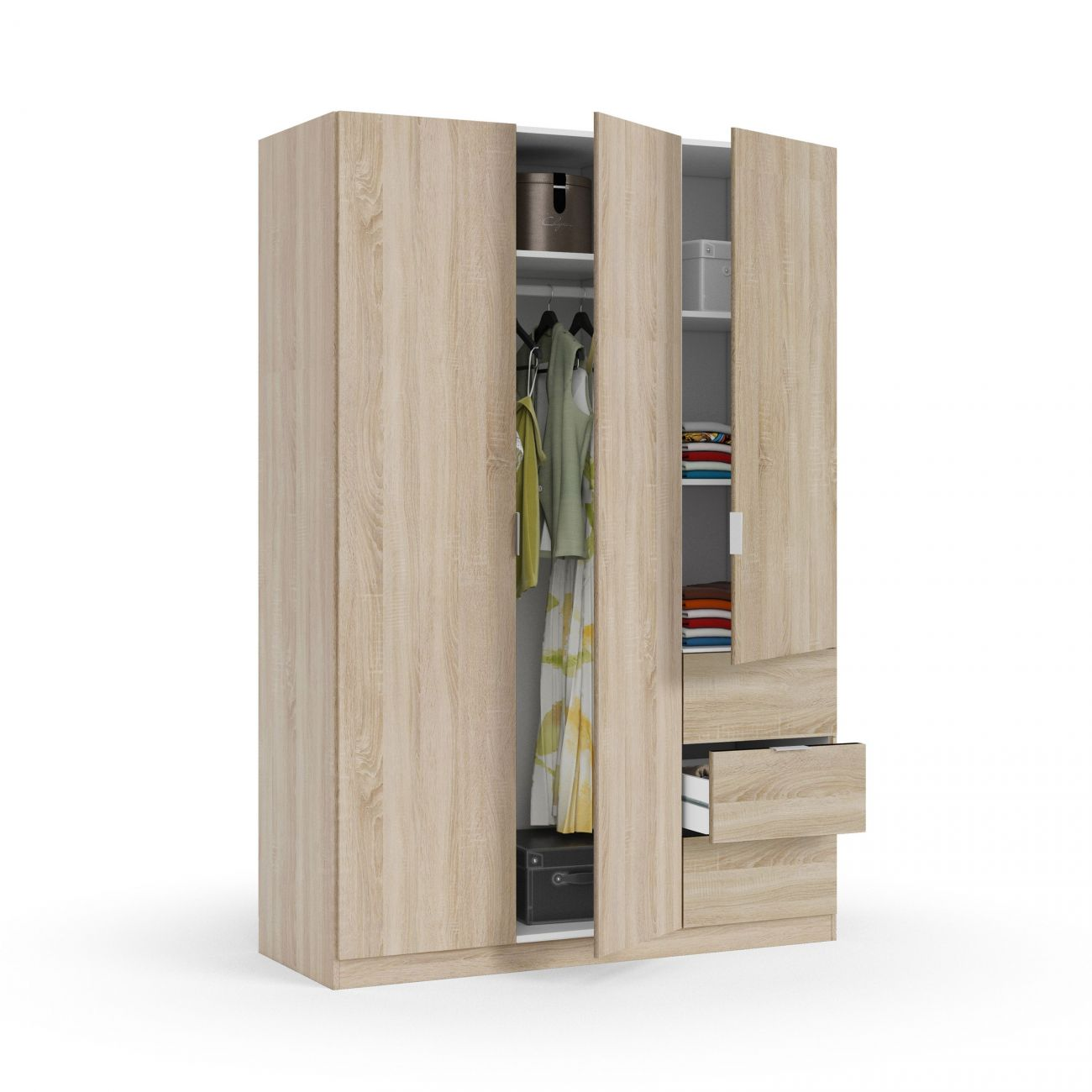 Armario de madera clara con puertas abiertas, mostrando ropa y cajas.