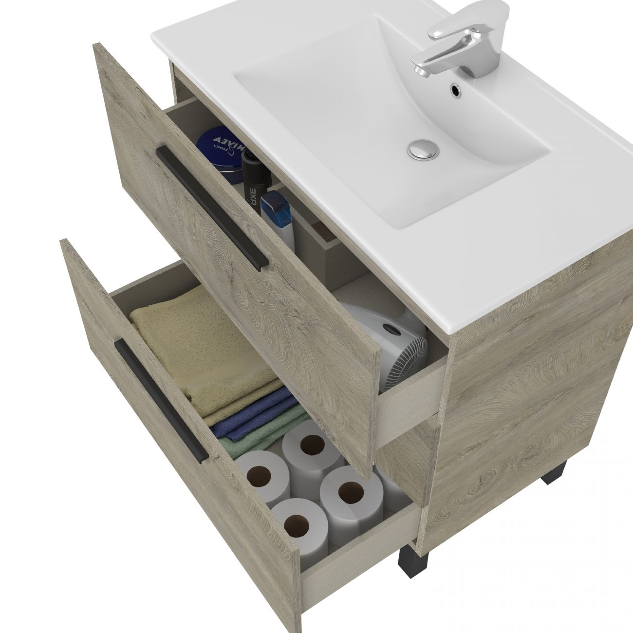 Mueble de baño con lavabo, cajones abiertos, papel higiénico, toallas y secador de pelo.